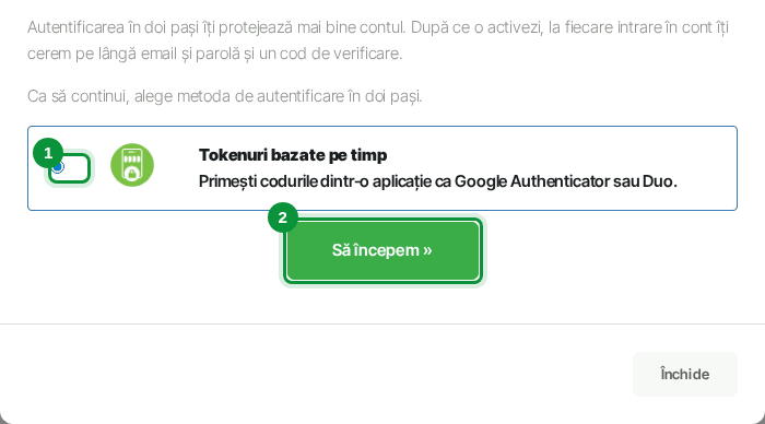 Alegerea metodei de autentificare în doi pași