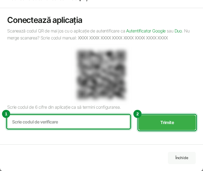 Codul QR (estompat în captură) și câmpul pentru codul de verificare