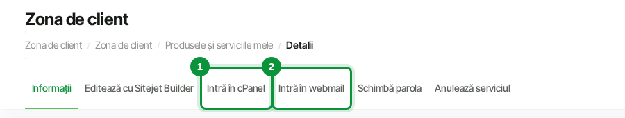 Butoanele Intră în cPanel și Intră în webmail