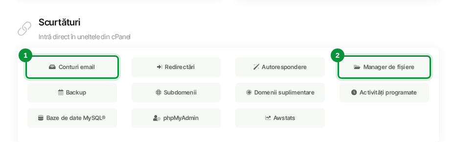 Scurtături către uneltele cPanel