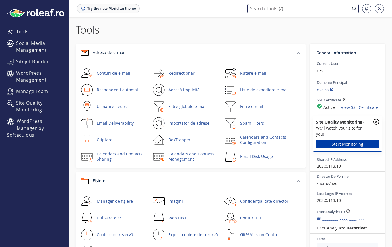 Pagina principală cPanel