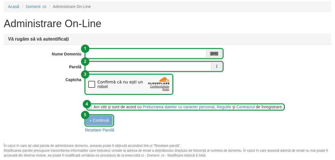 Pagina Administrare On-Line de la RoTLD