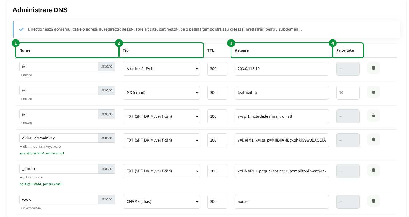 Tabelul cu înregistrările DNS ale domeniului