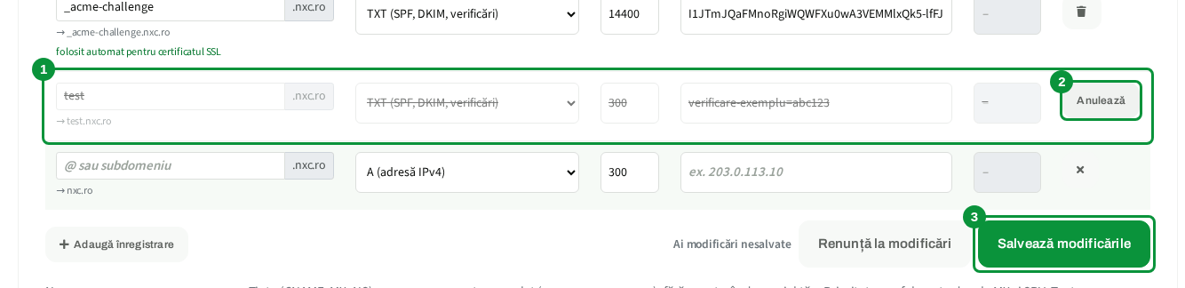 Înregistrare marcată pentru ștergere, cu butoanele Anulează și Salvează modificările