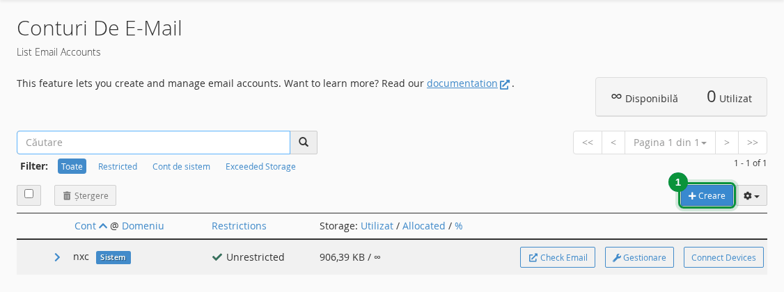Butonul Creare din lista conturilor de email