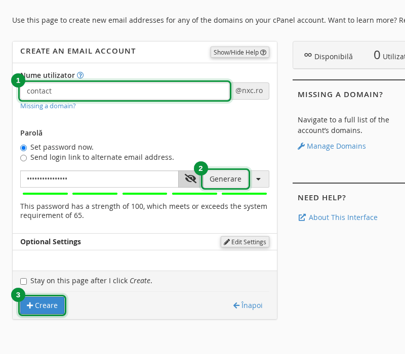 Formularul de creare a contului de email