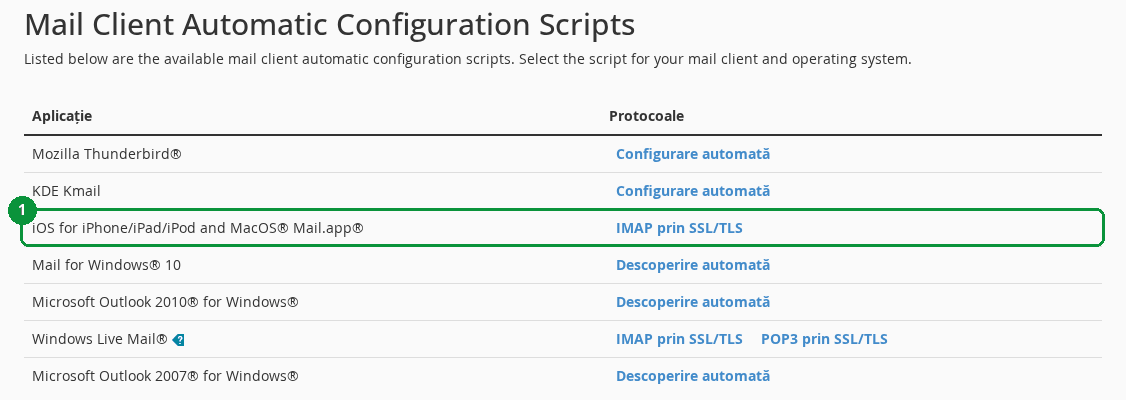 Profile de configurare automată pentru clienți de email