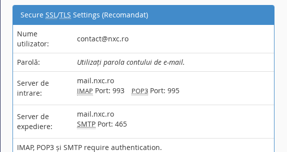 Setările manuale pentru IMAP, POP3 și SMTP