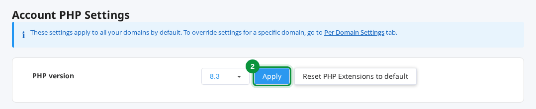 Butonul Apply după alegerea versiunii PHP