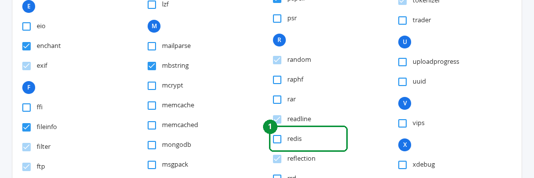 Extensia redis în Select PHP Version