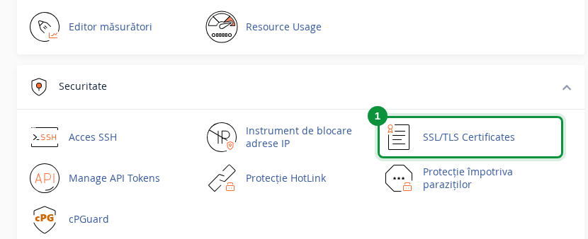 SSL/TLS Certificates în secțiunea Securitate din cPanel