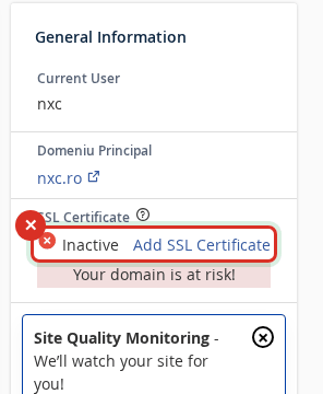 SSL Certificate Inactive în coloana din dreapta; butonul Add SSL Certificate duce la cumpărare