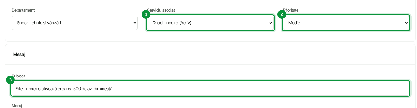 Formularul de tichet: serviciu, prioritate și subiect