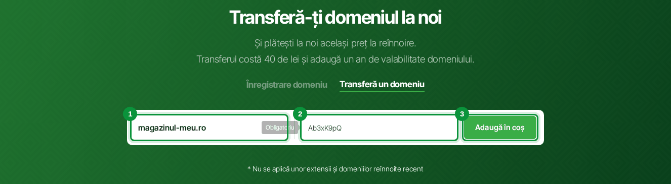 Formularul de transfer cu domeniul și codul de transfer