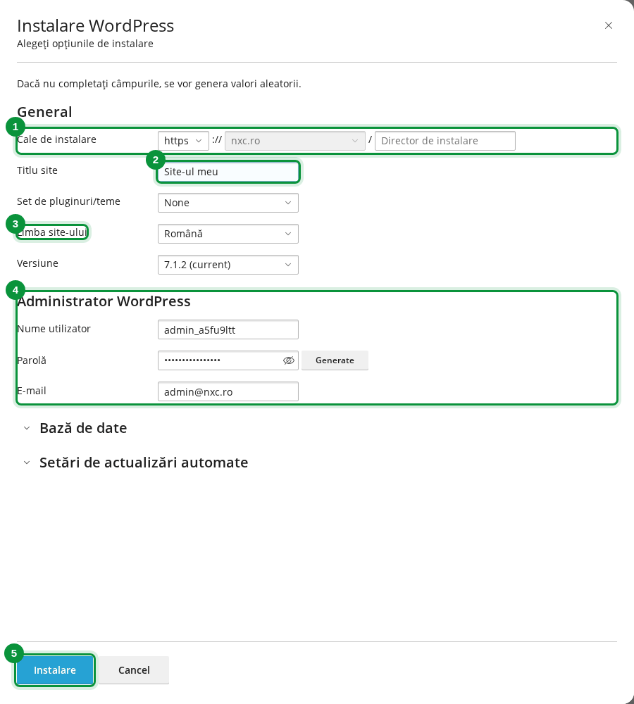 Formularul de instalare WordPress