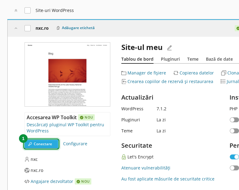 Butonul Conectare din WP Toolkit